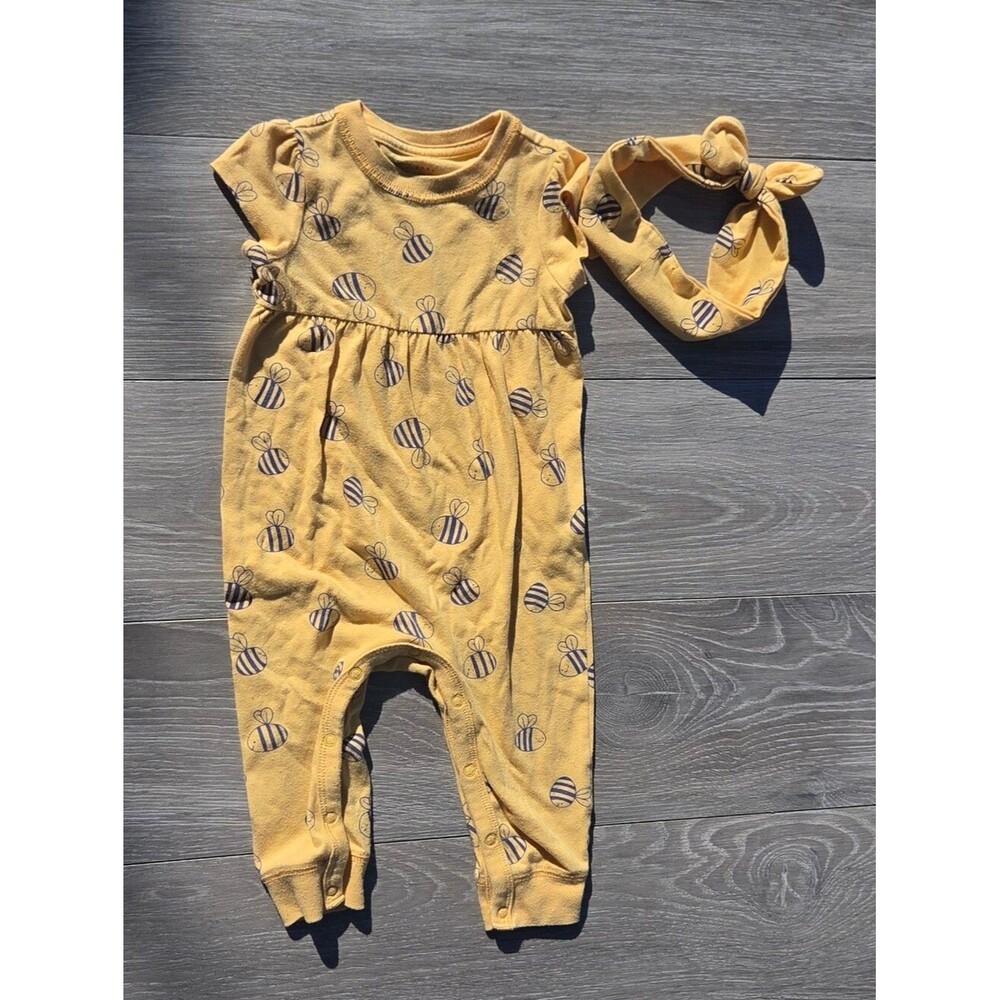 Cat & Jack Mustard Bee-Print Romper with Knotted Headband